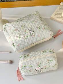 1pc Friend Gift Green Floral Bow Plaid Quilted Girls Makeup Bag, Portable Large Capacity Cosmetic Bag With Zipper, Suitable For Travel And Vacation Essentials, Can Store Sanitary Pads, Keys, Phone, Charger, Lipstick, Cosmetics, Perfume, Makeup Brushes, Etc., Can Be Used As Skincare And Beauty Product Storage Bag, Suitable For Women, Students, Female Students, Also An Ideal Choice For Holiday And New Year Gifts. - Green - View 7