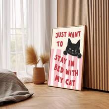 1pc Cute Cat Wall Art Picture "Just Want To Stay In Bed With My Cat" Prints Canvas Paintings Pet Posters Cozy Decor For Living Room Bedroom Kitchen Office Room Decor Gift Cat Lovers Framed/Unframed - Multicolor - View 5