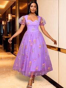 Women Romantic Valentine Lavender Sweetheart Neck Embroidered Tulle A Line Dress Floral Puffy Sleeves Dresses Wedding Guest Formal Occasions - Lilac Purple - View 4
