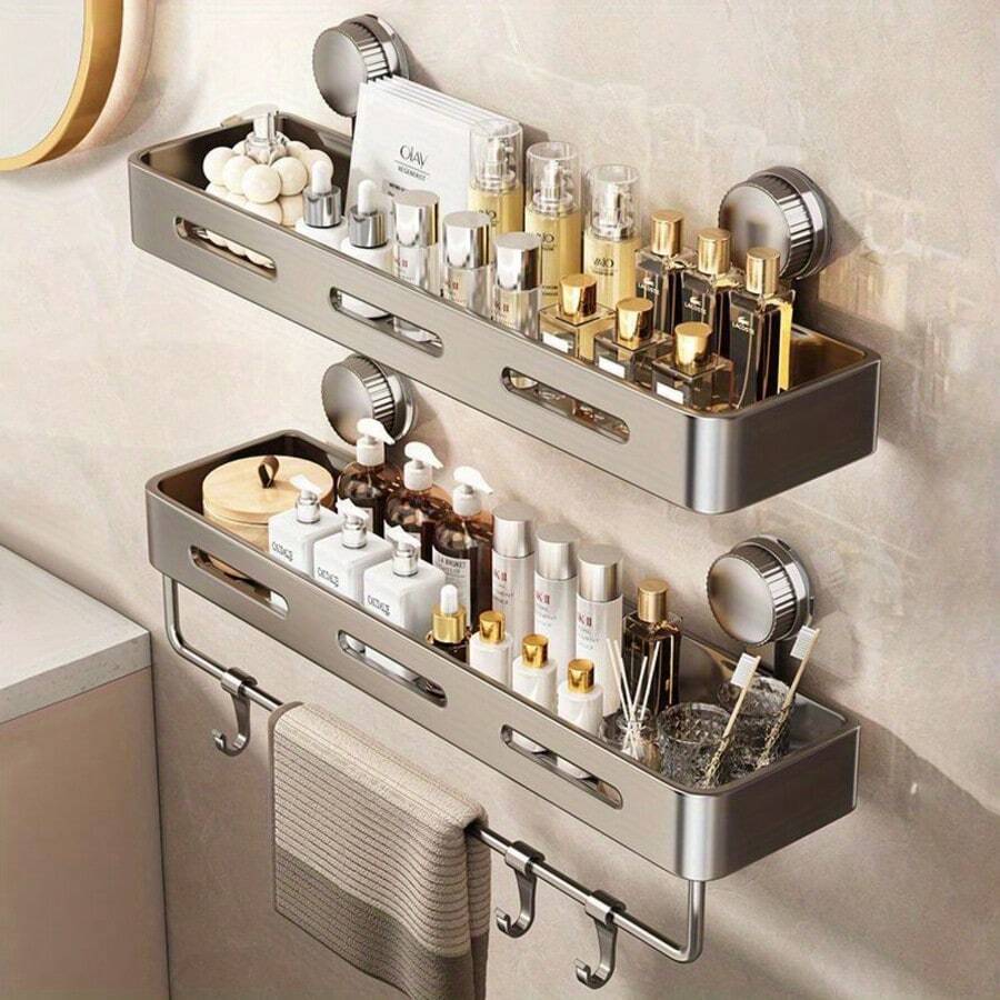 易于安装的吸盘式淋浴置物架 - 耐用、防锈塑料壁挂式悬浮储物架，采用强力粘合剂设计，节省空间，适用于洗发水、肥皂和洗漱用品，无金属管道，易于组装，浴室收纳架，耐用材料，时尚置物架，耐腐蚀材料。 - 彩色 - 查看 1