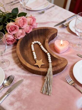 1 Set - Crescent Wooden Tray + Brown & White Wooden Bead Star Tassel Wreath Decor. Party Table Centerpiece, Birthday Party Supplies, Ramadan, Valentine's Day, Thanksgiving, Easter Home Decor And Storage Accessory, Family Gathering Centerpiece