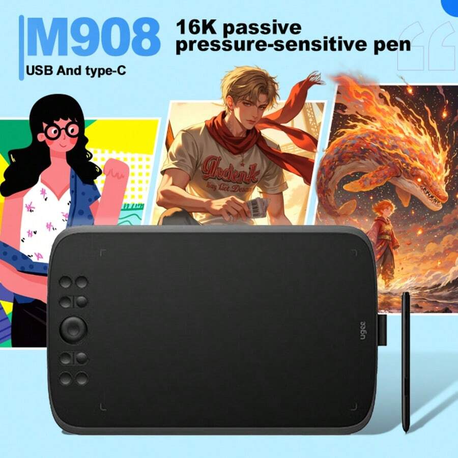 Tableta digital UGEE M908, tableta de dibujo para computadora, conectada a teléfono móvil, pizarra de pintura, pizarra de escritura para clases en línea, tableta de dibujo PS - Negro - Ver 1