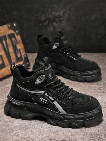 Botas de moda de caña alta para hombres, cómodas y duraderas, suela antideslizante, cierre de cordones, diseño con letras, adecuadas para aventuras al aire libre, uso en todas las estaciones