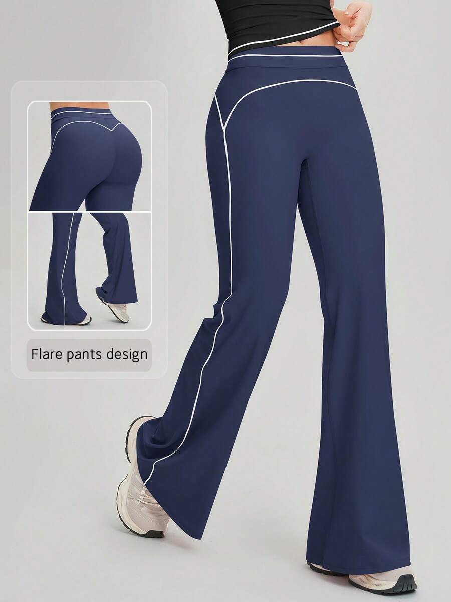 NcmRyu 1件装女士运动喇叭裤，撞色条纹设计 - 藏蓝色 - 查看 1