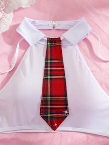 Conjunto de Presente Surpresa do Dia dos Namorados com 4 Peças, Conjunto de Lingerie Sexy Feminina com Top Sem Mangas com Gravata no Pescoço e Colarinho, Saia Mini Xadrez com Fenda, Tanga Monocromática, Roupa Íntima Confortável para Sedução, Traje de Festa de Carnaval - Vermelho - Visão 5