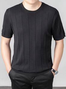 Suéter de punto de cuello redondo de manga corta con costillas verticales para hombre - Negro - Ver 2