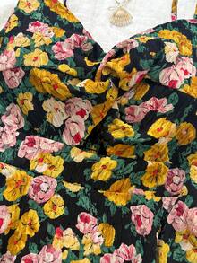 Đầm ngắn hở vai, dây mảnh, họa tiết hoa, gợi cảm, cổ chữ V, thích hợp cho kỳ nghỉ. - Đen và vàng - Xem 4