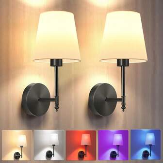 2 pezzi Lampada da parete con paralume in tessuto moderno e lampadina RGB ricaricabile a 16 colori, alimentata a batteria, batteria ricaricabile al litio, interruttore con telecomando, adatta per la decorazione della camera da letto e del soggiorno
