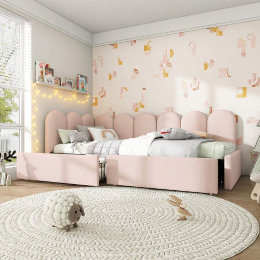 Polsterbett Einzelbett Mit Schubladen Stauraumbett Samt Daybett Tagesbett Schlafsofa 90x200cm Mit Lattenrost Jugendbett Und Erwachsene Kinderbett,Rosa(Ohne Matratze) - Pink - View 1