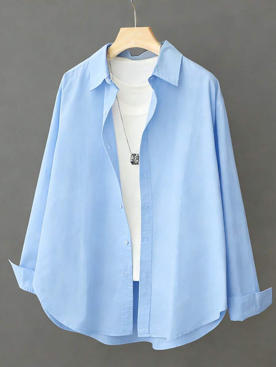 Camisa de manga larga azul, blusa versátil de longitud media para mujer en primavera - Azul - Ver 1