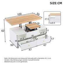 Height-Adjustable Coffee Table With Folding Function And 4 Drawers, 100 X 50 X 47.5 Cm, One Large And One Small Table With Hydraulic Lift, Mobile Living Room Table With Universal Casters, Coffee Table - White - View 2