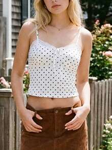 Sleeveless Spaghetti Strap Camisole For Women Cute Bowknot Lace Trim Stylish Crop Tops Fashion Polka Dot Slim Fit Corset Vest Summer Fall Versatile Style Tank Tops For Beach Party Club - White - View 5