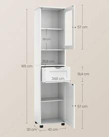 VASAGLE Mueble Baño, Armario Baño, Armario Alto, Compartimento Abierto, Puerta de Cristal, Estrecho, con Patas, Estantes Regulables en Altura, Ahorro de Espacio, Blanco Nube - Blanco - Ver 5
