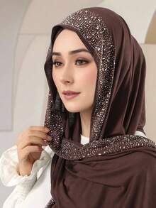 1 pieza Hiyab de mujer de unicolor con textura tejida y decorado con rhinestones, chal largo musulmán suave y cómodo de modal, versátil para uso diario, viajes, fiestas, fotografía - Multicolor - Ver 7