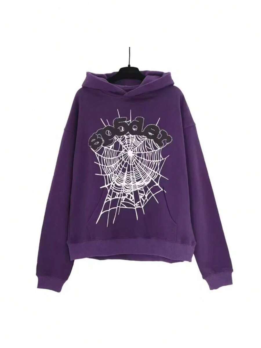 1 Piece Set  Spider Web Hooded Sweatshirt  Fall/Winter    Regular Fit    Rib-Knit  Pocket  Drawstring    Halloween  Christmas    Spider Y2k Hoodies  Graffiti Hip Hop Rock Style - 紫色 - 查看 1