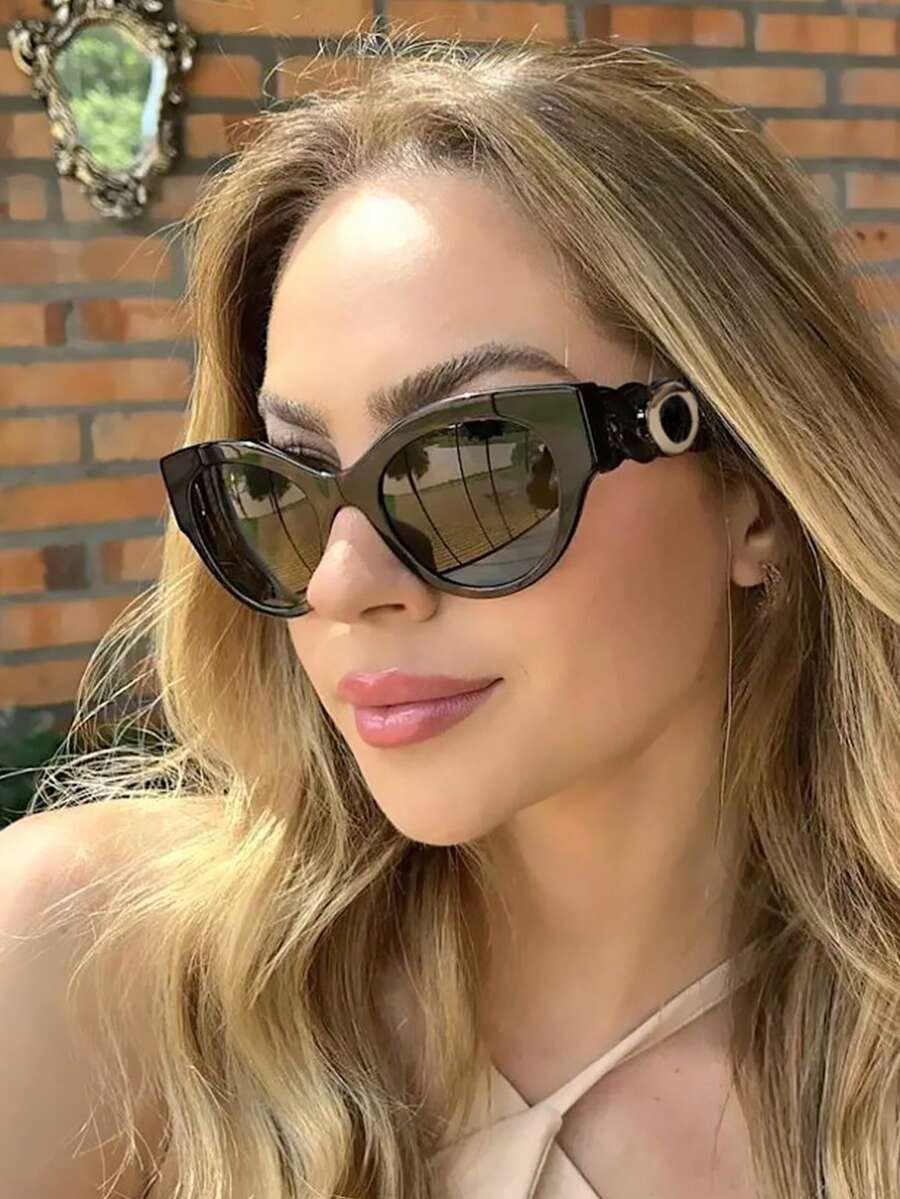 1pair Women's Vintage Cat Eye Fashion Glasses Black Sunnies Chain Sculpted Decor Wide Leg Shades Futuristic Street Eyewear Accessories - Multicolor - View 1