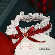 Elegant White Lace & Red Bow Thigh Garter With Crystal Heart Pendant |   Stretchy, Solid Color Fabric, Ideal For Wedding Bridal Accessory For Women - Đỏ - Xem 5