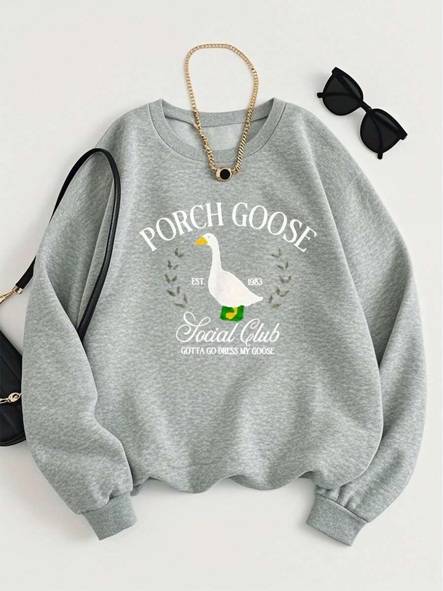 2026 New Design Sweatshirt   Women'S Funny Porch Goose Social Graphic Sweatshirt - Crewneck Pullover With Goose Design, Sweater For Everyday & Party Outfits - All-Season Casual Women'S Sweater   Loose-Fit Crew Neck Sweatshirt - 4-Season Daily Wear - 淺灰色 - 查看 1