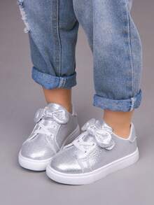 Girls' Bowknot Low-Top Canvas Sneakers, Comfortable Sports Shoes For Spring/Summer - Silver - View 6
