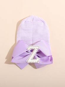 1顶新生儿毛线帽，带珍珠字母和大蝴蝶结，柔软弹力条纹针织帽，适合日常佩戴、拍照和作为婴儿礼物 - 淺紫色 - 查看 15
