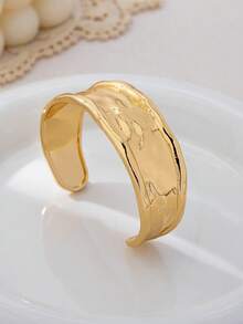 3 Stücke/1 Set minimalistisches geometrisches asymmetrisches Tropfen-Design Armreif Set mit dicker Textur in Goldton, geeignet für Frauen, massiv glatter Metall- & Zinklegierung - Goldgelb - Übersicht 5