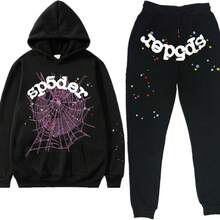 Men's Hip Hop Letter Printed Harajuku Retro Hoodie Long Sleeve Pants Set Joint Set For Men And Women And Hip Hop Street Letter Printed Sports Pants Casual Pants, Elastic Waist Casual Pants For Both Men And Women - 黑色套裝 - 查看 1
