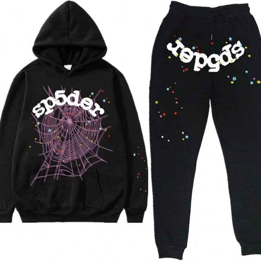 Men's Hip Hop Letter Printed Harajuku Retro Hoodie Long Sleeve Pants Set Joint Set For Men And Women And Hip Hop Street Letter Printed Sports Pants Casual Pants, Elastic Waist Casual Pants For Both Men And Women - 黑色套裝 - 查看 1