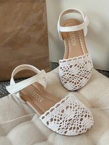 1 双女童人字拖，镂空钩编防滑平底人字拖，休闲甜美度假平底凉鞋 - 白色 - 查看 7
