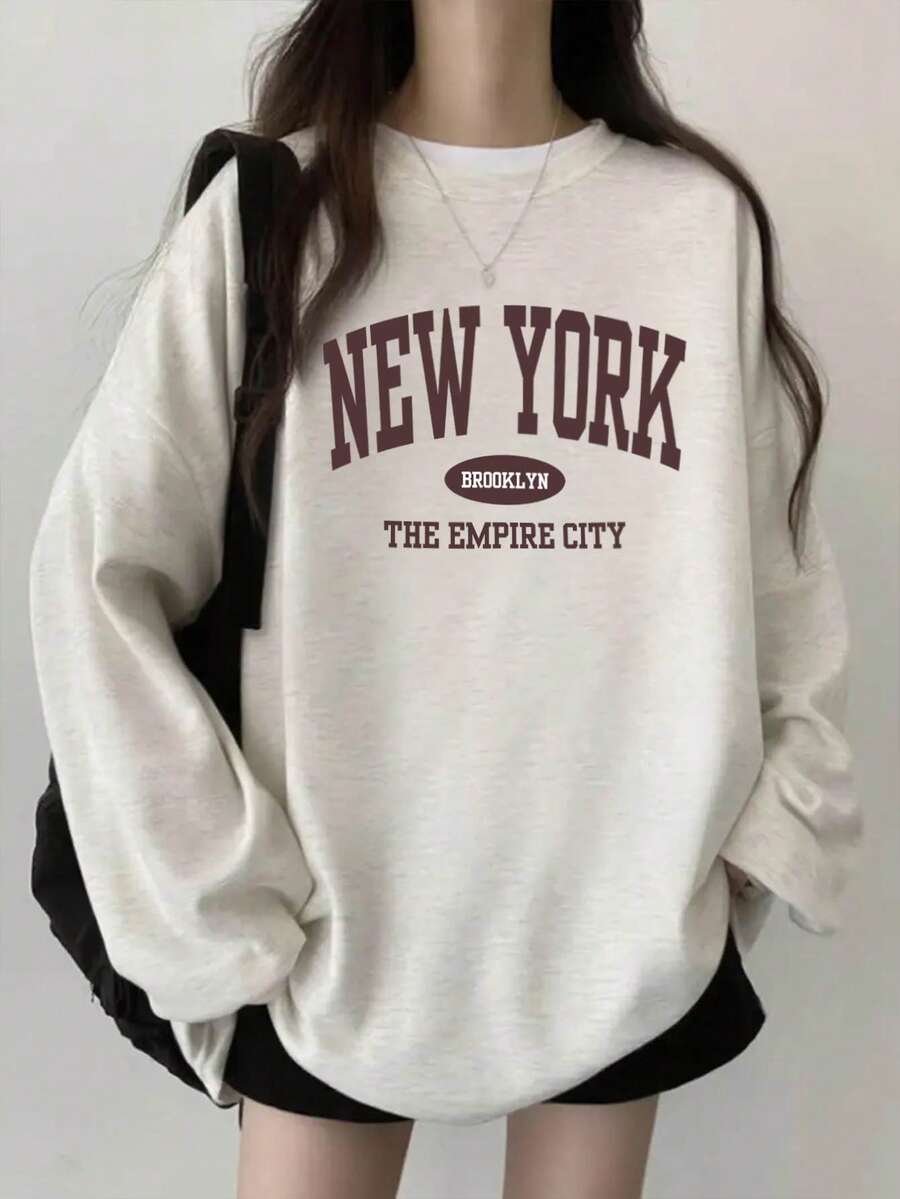 女士浅灰色休闲日常百搭宽松撞色字母印花圆领长袖T恤 - 淺灰色 - 查看 1