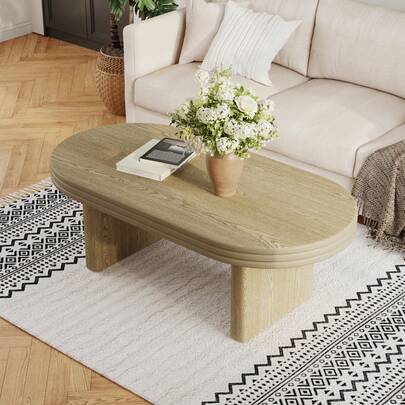 Mid-Century Modern Fluted Oval Coffee Table, Rustic Wooden Coffee Table, Versatile Center Table For Living Room, Office, Interior Decoration (Natural, 60 Cm D X 120 Cm W X 41.5 Cm H)