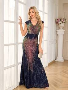 CEILIM Luxury Party Sequin Sexy Tank Dress With Unique Triangular Mesh Neckline And Floor-Length Evening Gown - Navy Blue - View 6