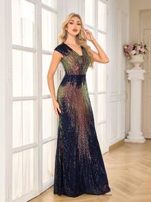CEILIM Luxury Party Sequin Sexy Tank Dress With Unique Triangular Mesh Neckline And Floor-Length Evening Gown - Navy Blue - View 4