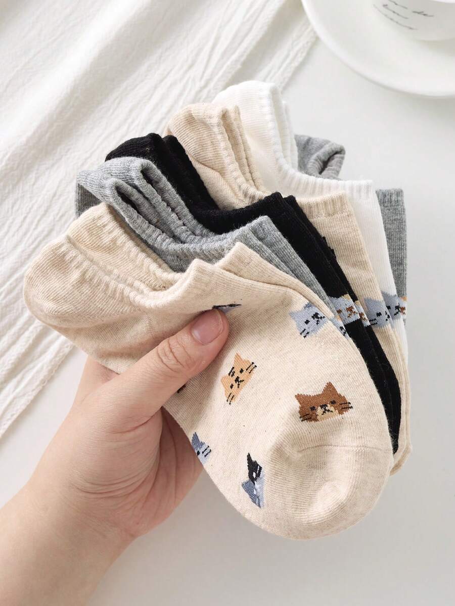 5 Pairs Women Cute Cat Pattern Minimalist Boat Socks, Invisible Socks Suitable For All Seasons - Multicolor - View 1