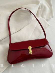 Red Gold Handbag Fashion Womens Vintage Shoulder Bag - Glossy Patent Leather Baguette Bag, Women's Retro Faux Leather Flap Decor Underarm Shoulder Bag, Suitable For Dates, Outings, Parties And Other Occasions - 彩色 - 查看 1