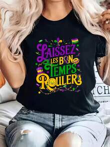 100% camiseta de algodón Laissez Les Bon Temps Rouler Mardi Gras Beads Fleur De Lis Camiseta Casual Impresa 100% camiseta de algodón para mujeres, camisetas de verano de manga corta, camiseta gráfica para mujeres - Negro - Ver 6