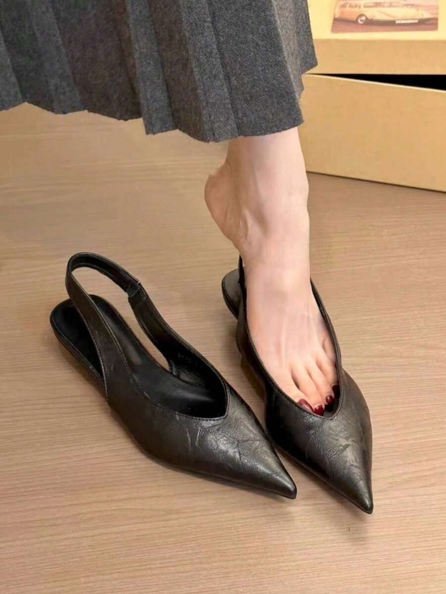 Giày sandal đế bệt hở lưng mũi nhọn thanh lịch kiểu Pháp mùa xuân 2025 dành cho nữ, giày cao gót mèo con - màu đen - Xem 1