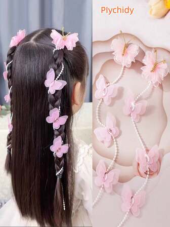 2pcs Cute Fashionable Crystal Butterfly Hair Clips, Beaded Hair Chain, Suitable For Little Girls Braided Ponytail Hairstyles