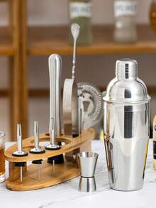 11件套不锈钢调酒工具套装，鸡尾酒调酒器套装，带木质支架，适用于家庭厨房酒吧 - 彩色 - 查看 6