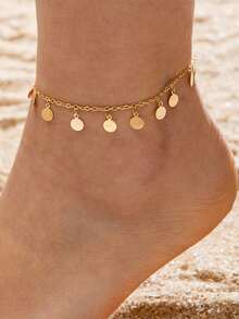 imoli 1pc Silver Minimalist Metal Disc Tassel Basic Chain Anklet, Handmade To Size(Disc & Tassel Qty Varies) - 17381-2-g - View 4