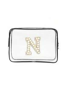 Bolsa de almacenamiento portátil de PVC transparente con toalla bordada con perlas blancas con letras de la A a la Z, organizador de maquillaje de gran capacidad, impermeable, con cremallera, bolsa de maquillaje, bolsa de cosméticos, organizador de vacaciones, bolsa de belleza, bolsa de tocador, regalo para dama de honor, recuerdo, regalo de cumpleaños para familiares y amigos, Día de San Valentín, temporada de bodas, Ramadán