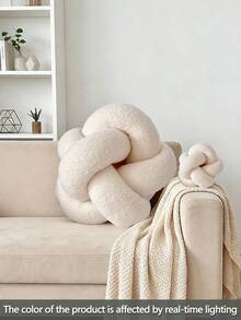 1个纯色多功能仿毛皮手工针织球形装饰抱枕，可作沙发、咖啡桌装饰、卧室床头装饰，米色 - 白色 - 查看 3
