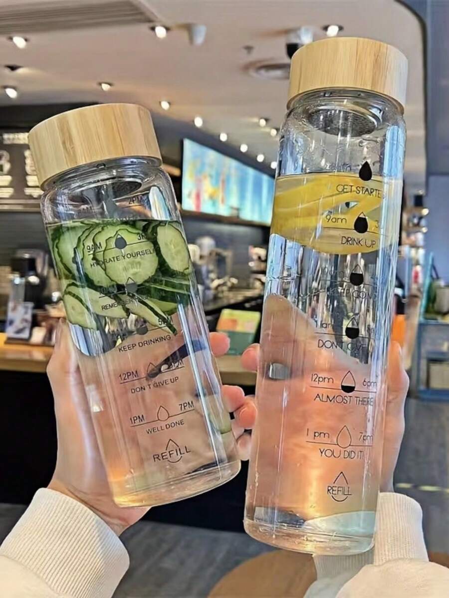 1pc Inspirational Borosilicate Glass Water Bottle, 23.67 Oz/33.81 Oz - Leak-Proof Portable With Time Marker And Motivational Phrase, High Quality Reusable, Suitable For Outdoor, Camping, Fitness - Hand Wash Only, Inspirational Water Bottle