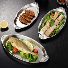 Plato para pescado de acero inoxidable 304: Plato de barbacoa creativo, adecuado para hornear, cocinar al vapor pescado y aperitivos - Forma ovalada, material de acero inoxidable duradero - Multicolor - Ver 5