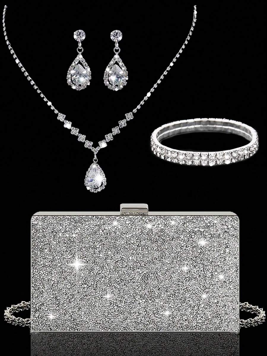 Elegant Women's Rhinestone Evening Clutch, Sparkling Luxury Rhinestone Jewelry Set Sparkling Necklace Earrings Bracelet Set Glitter Charming Clip Box Bag, Set Of 4 Rhinestone Ear Clips Bridal Wedding Choker Bracelet Pendant, Sparkling Purse, Perfect For Party, Wedding, Prom, Dinner/Banquet, Wedding Dress, Formal Wear, Prom Dress, Birthday Dress - Silver - View 1