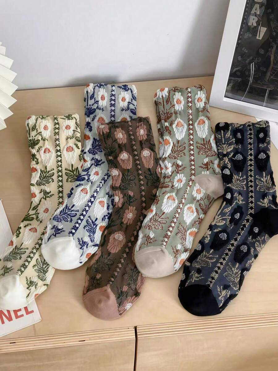 5双随机颜色复古碎花可爱休闲透气吸湿中筒袜,随机发货 - 彩色 - 查看 1