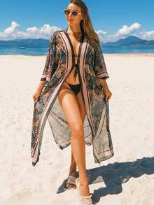 Áo khoác cardigan dài tay in họa tiết lá cây dành cho nữ, có dây rút phía trước, tay lỡ 3/4, xẻ tà hai bên, dáng rộng, thích hợp cho bãi biển và khu nghỉ dưỡng, nhẹ và chống nắng. - Màu Mù tạt vàng - Xem 3