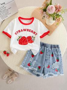 2pcs/Set Tween GirlsCasual Strawberry Letter Print Loose Fitting Breathable Top And Fashionable Comfortable Strawberry Print Distressed Denim Shorts Set, Suitable For Daily Wear, Outing, Gathering
