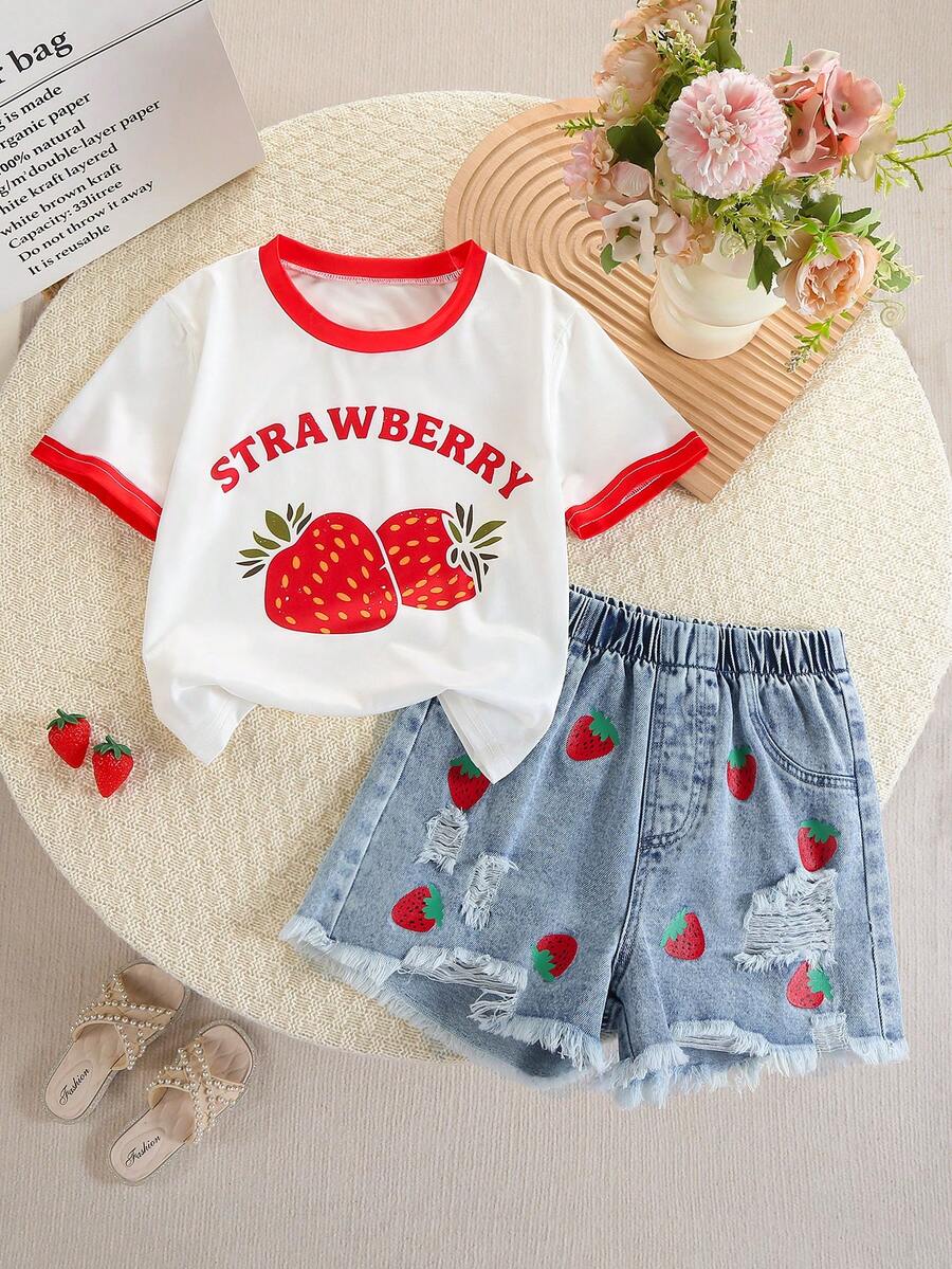 2pcs/Set Tween GirlsCasual Strawberry Letter Print Loose Fitting Breathable Top And Fashionable Comfortable Strawberry Print Distressed Denim Shorts Set, Suitable For Daily Wear, Outing, Gathering