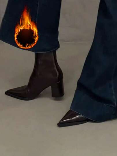 2025 Heel Pointed Toe Short Boots For Women, Thick Heel Zipper Back, Black Patent Leather, High-End Boots, Autumn/Winter 2025 New Arrival,Chunky Heels