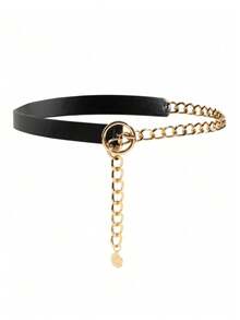秋季新款金属链条PU皮革复合材质女士腰带，可搭配西装衬衫，百搭装饰腰链，适合万圣节、夏季、秋季、上学等各种场合。 - 黑色 - 查看 3